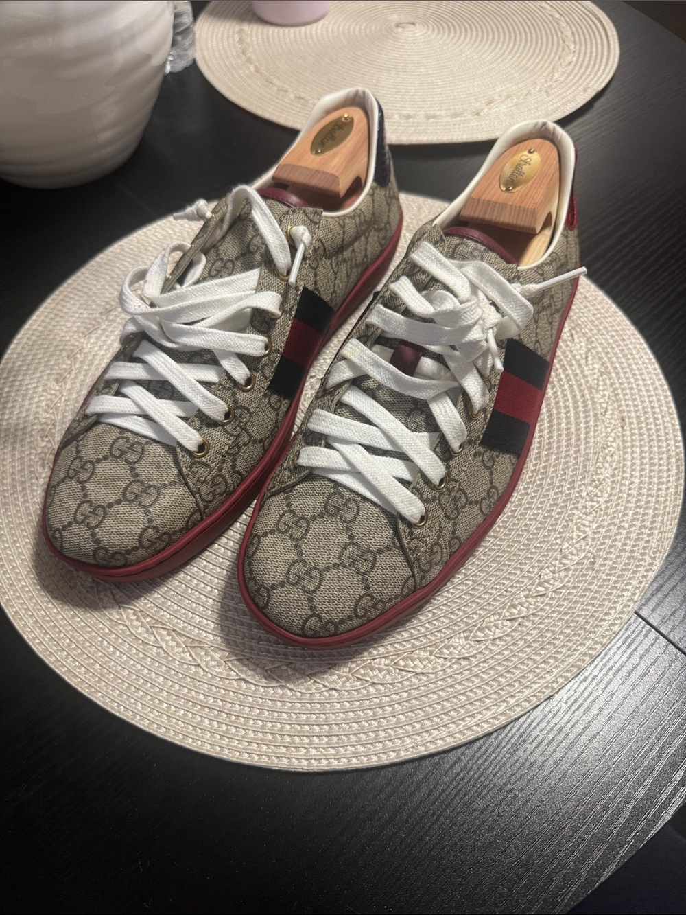 Gucci Beige GG Supreme Sneakers with Red Trim and Blue Stripe